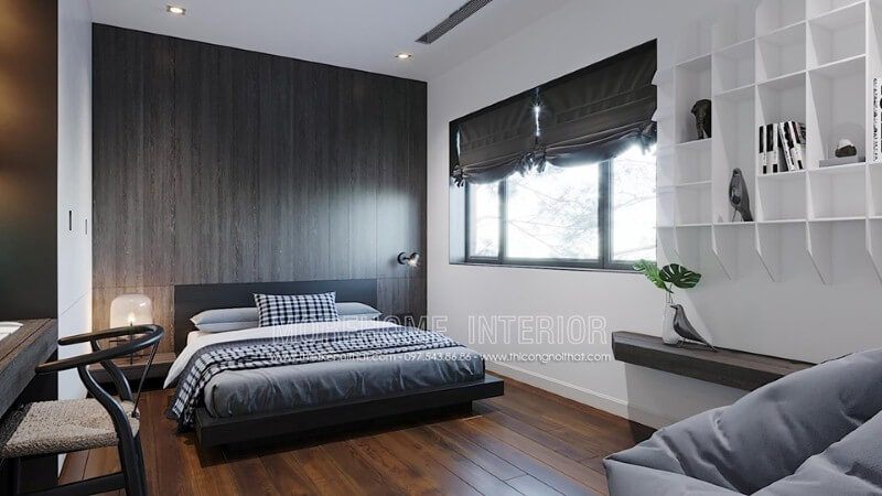 Tấm gỗ ốp tường độc đáo với đường vân đẹp mắt cùng gỗ tối màu tạo nên vẻ đẹp cuốn hút trong thiết kế phòng ngủ hiện đại.