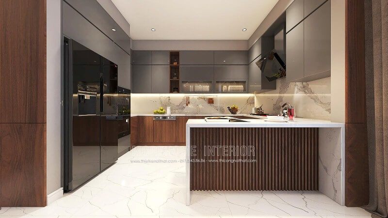 Bố trí nội thất phòng bếp đẹp từ gỗ acrylic cao cấp kết hợp cùng đá ốp bếp sang trọng.